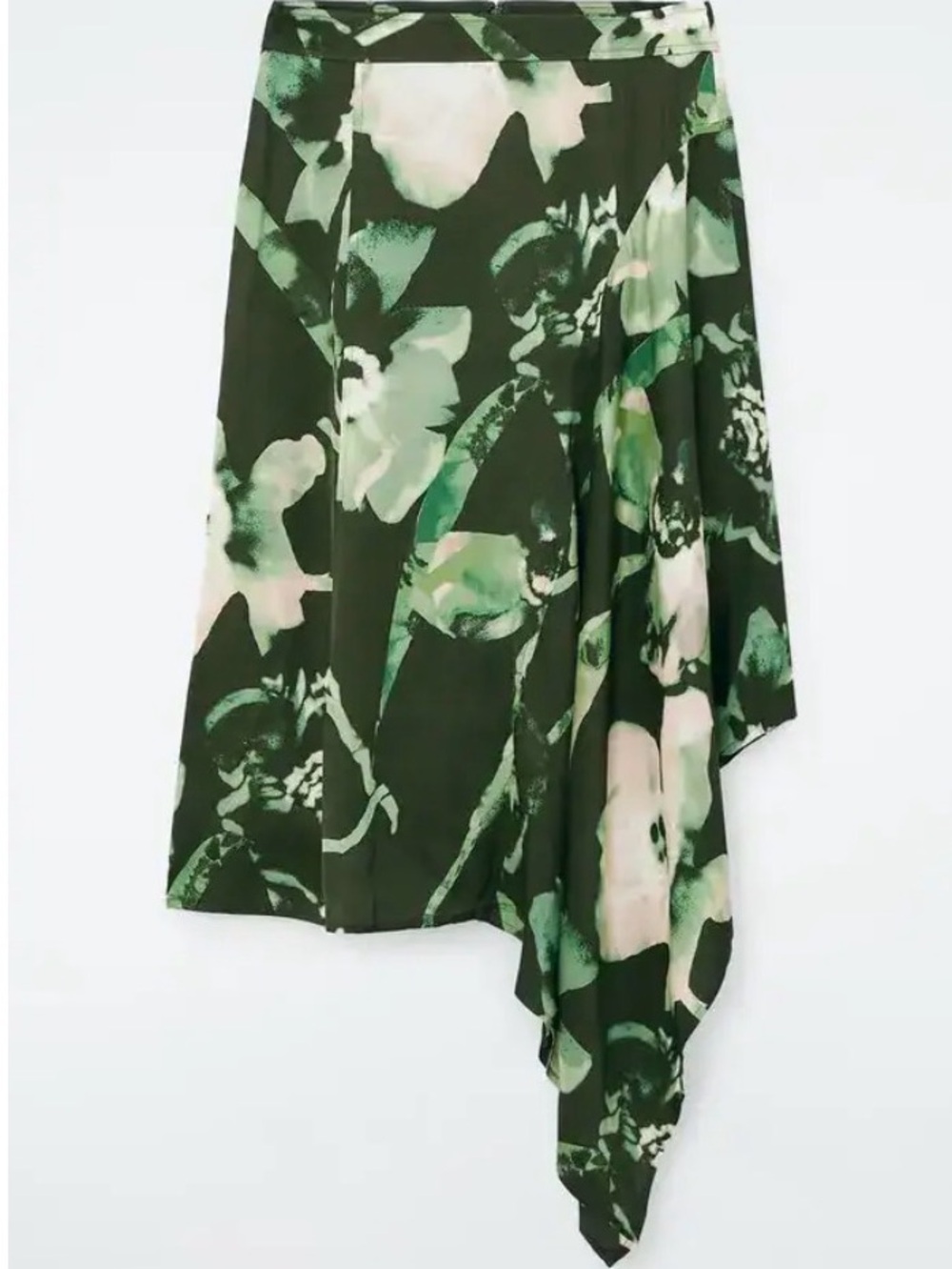 COS Green and Cream Asymmetrical Floral Midi Skirt